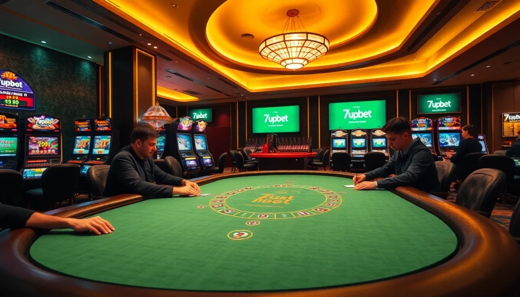 Gambling excitement at 7upbet casino with poker tables and vibrant slot machines.