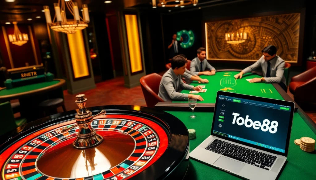 Tobet88 online platform features an exciting casino scene with roulette and engaged players.