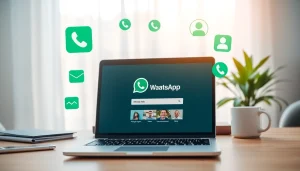 在现代工作空间环境中，展示快连VPN高亮的 WhatsApp Web 界面。