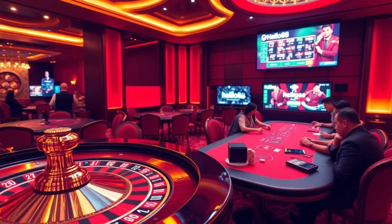 Engaging casino scene showcasing hello88 poker chips and an exciting roulette wheel.