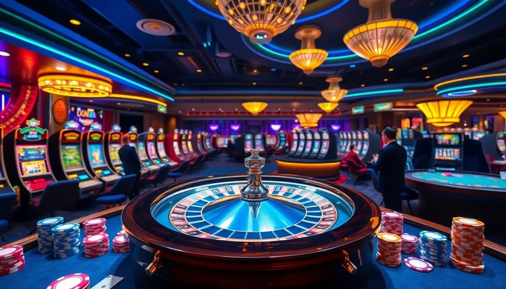 Experience the excitement of trang cá cược vua99 at a vibrant casino scene with roulette and poker.