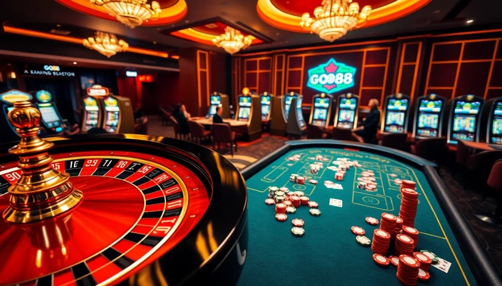 Engage with thrilling GO88 gaming action at a vibrant roulette table and poker games.