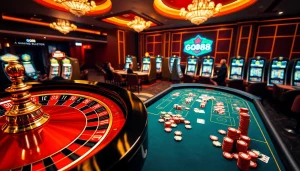 Engage with thrilling GO88 gaming action at a vibrant roulette table and poker games.