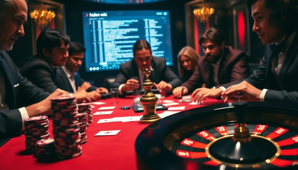 High-stakes poker table with chips and cards representing gambling, overlay of hidden wiki.