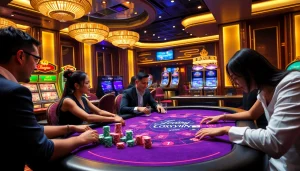 Players enjoying a game at the Luckywin casino table amidst a luxurious gambling atmosphere.