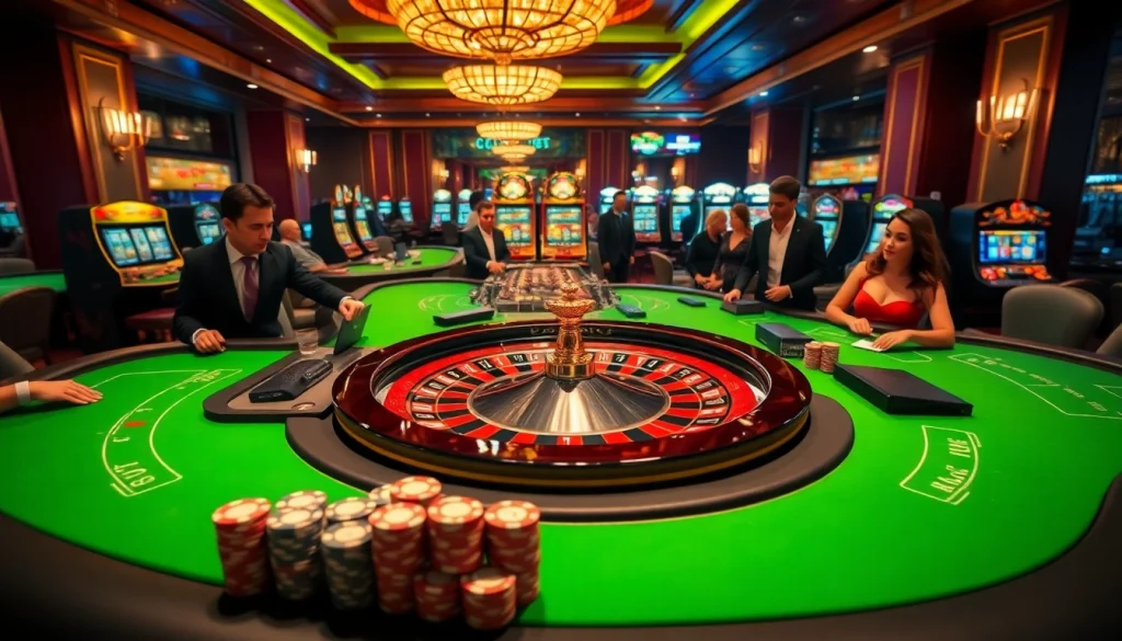 Gopay88 Daftar featured in a luxurious casino setting with vibrant gaming tables and excited players.