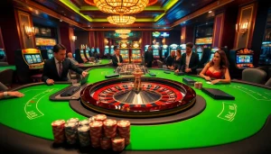 Gopay88 Daftar featured in a luxurious casino setting with vibrant gaming tables and excited players.