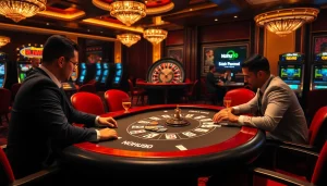 Nohu90 casino scene showcasing high-stakes poker with professional players and vibrant slot machines.