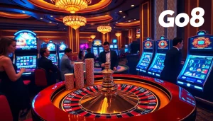 Players enjoying the luxury of Go8 casino games with roulette and slot machines.