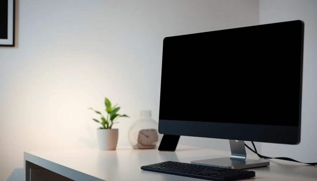 Full black screen (schermo nero) display in a modern minimalistic workspace to enhance focus.