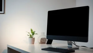 Full black screen (schermo nero) display in a modern minimalistic workspace to enhance focus.