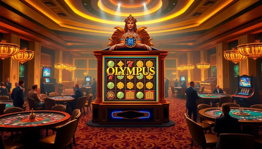 Experience the excitement of the Olympus slot with players enjoying a luxurious casino ambiance.