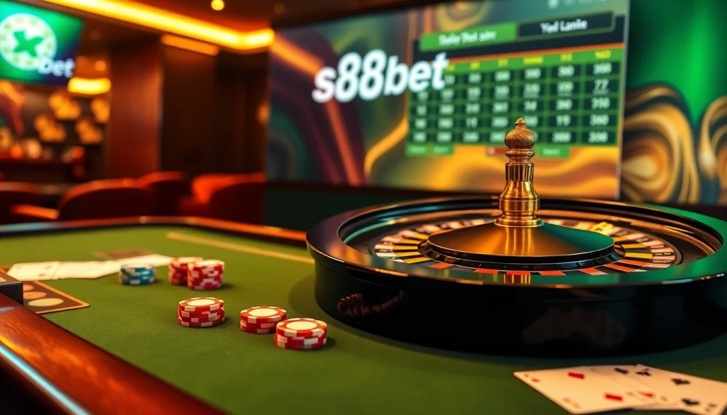 S88bet casino scene featuring roulette, poker chips, and lively gambling atmosphere.