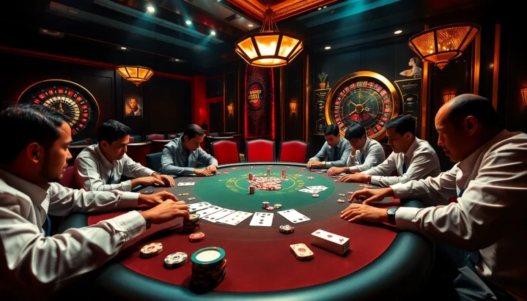 The thrilling S88 casino scene features a high-stakes poker table with intense gameplay and stylish decor.