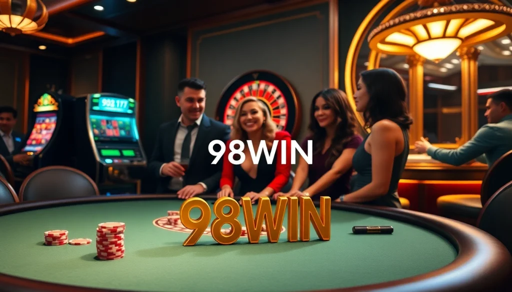 Experience high-stakes gambling excitement with 98WIN at an elegant casino table.
