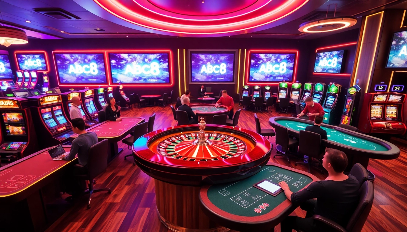 Experience the thrill of gambling at ABC8 with an elegant roulette wheel and vibrant slot machines.