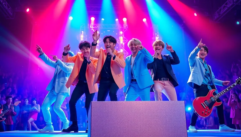 BTS news update showcasing members performing energetically on stage with vibrant lighting.