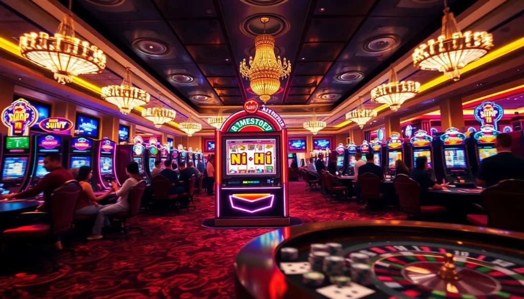 Engaging scene of a luxury casino floor with the "Nổ Hũ" slot machine surrounded by excited players.