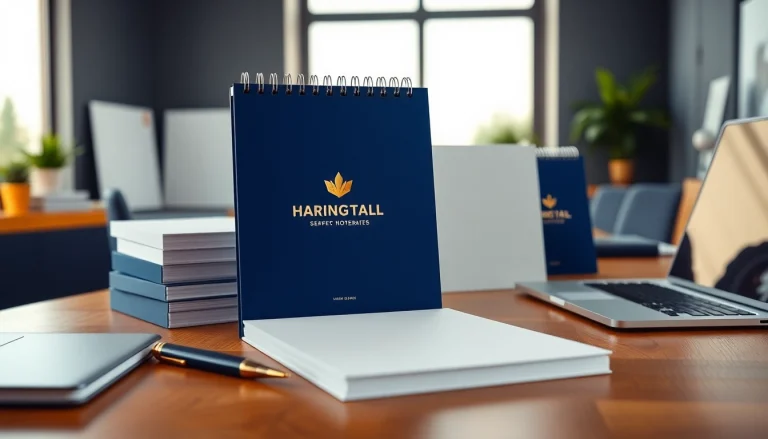 Reklaminiai bloknotai rodomi modernioje biuro aplinkoje, parodantys aukštą kokybę ir prekės ženklo atpažinimo potencialą.