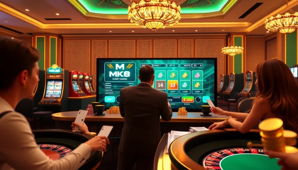 Exciting MK8 online gambling scene with players, cards, and vibrant casino atmosphere
