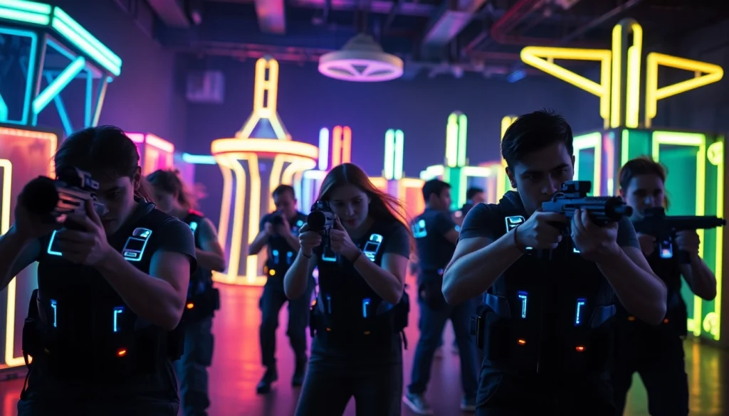 Participants enjoy action-packed laser tag in a neon-lit arena.