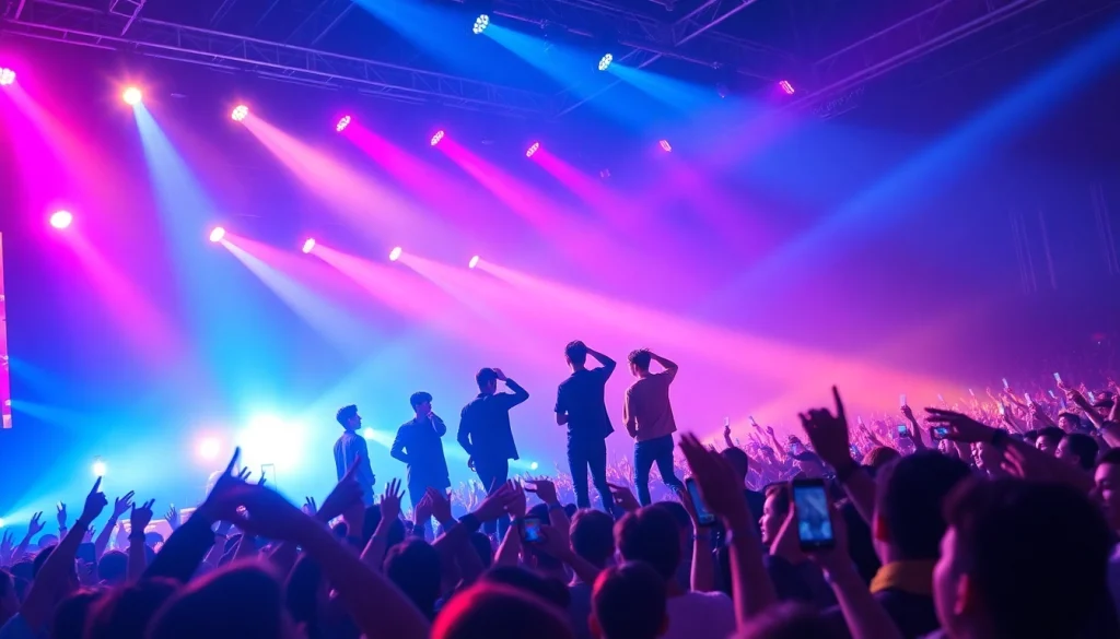 BTS news showcasing a vibrant K-pop concert scene with enthusiastic fans and dynamic stage lights.