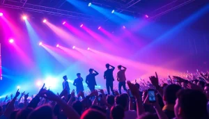 BTS news showcasing a vibrant K-pop concert scene with enthusiastic fans and dynamic stage lights.