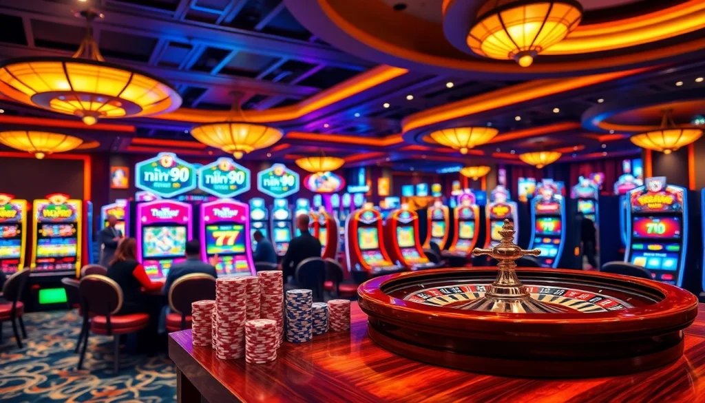 Spin and win with nổ hũ 90 at an upscale casino, filled with vibrant slot machines and excited players.