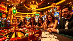 Excited gamblers enjoy the vibrant atmosphere of 33win casino with roulette wheel and poker chips.