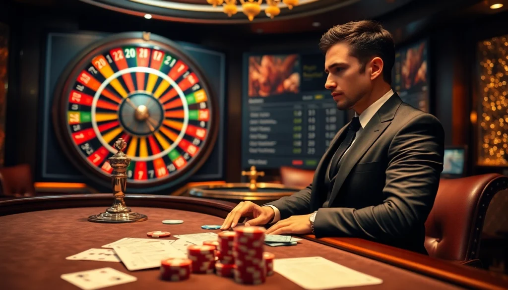 Engaging gamblers with nhà cái đá gà betting odds and poker chips on a luxurious casino table.