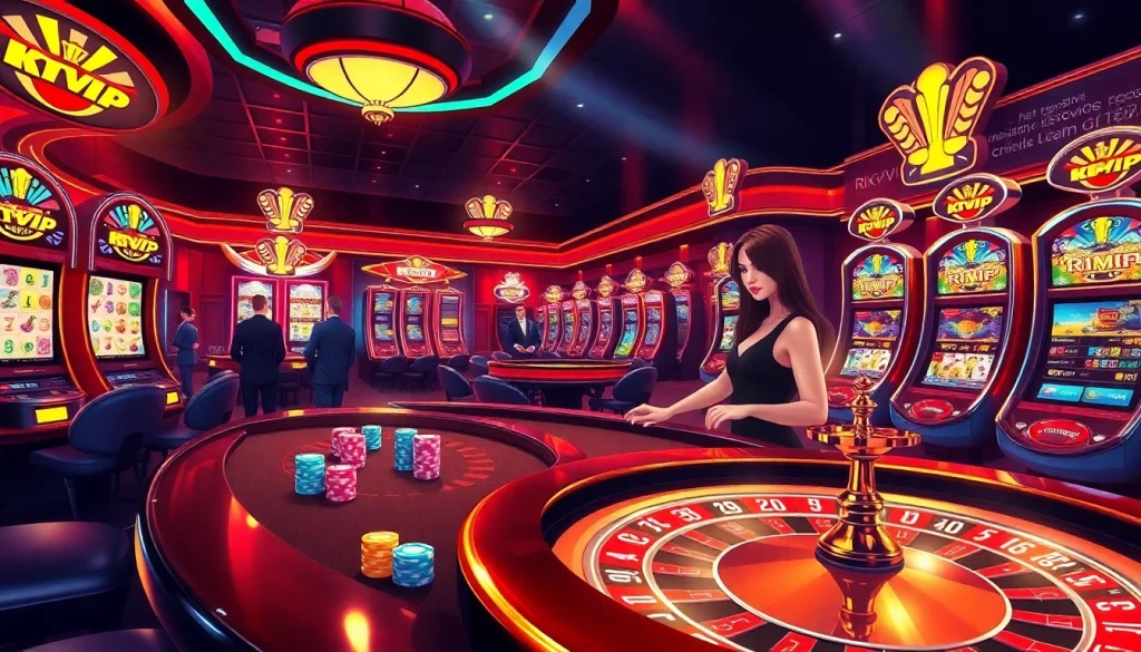 Players enjoying an exciting game at RIKVIP's luxurious casino table with colorful poker chips and roulette wheel.