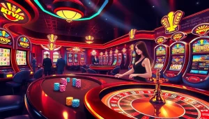 Players enjoying an exciting game at RIKVIP's luxurious casino table with colorful poker chips and roulette wheel.