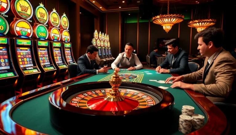 Fly88 players strategizing at a luxurious poker table in an upscale casino atmosphere.