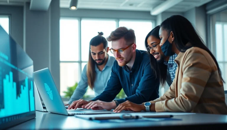 Software engineering team collaborating on innovative tech solutions in a modern office.