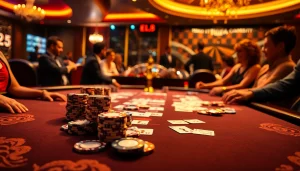 Excited players engaging at a luxurious poker table featuring good88 branding and professional casino elements.