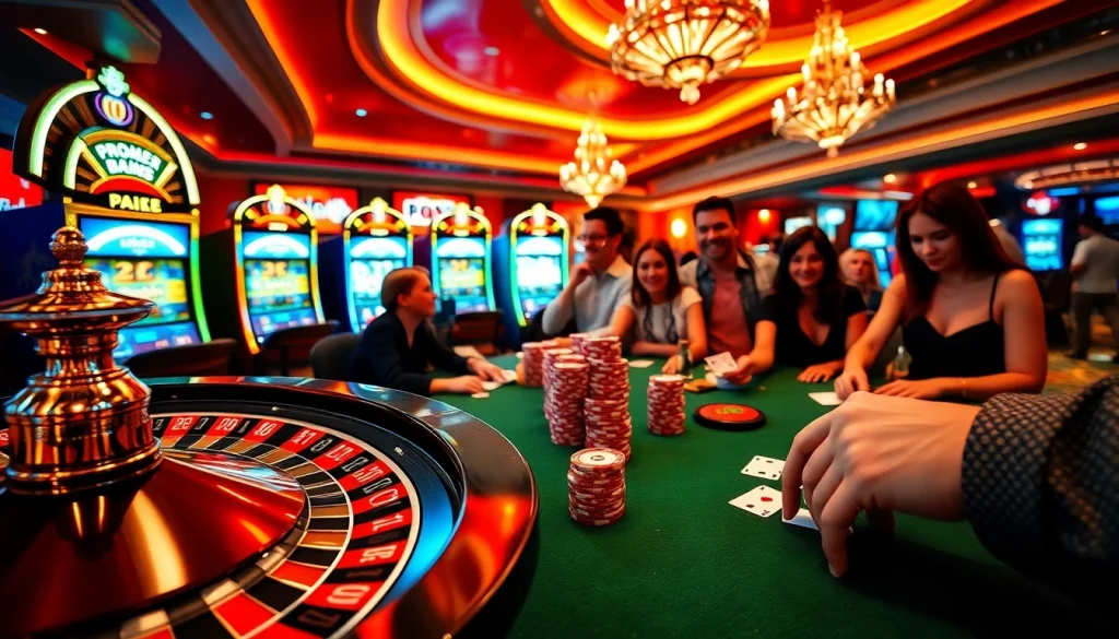 Engaging casino atmosphere with onicplay roulette, poker chips, and players enjoying the game.