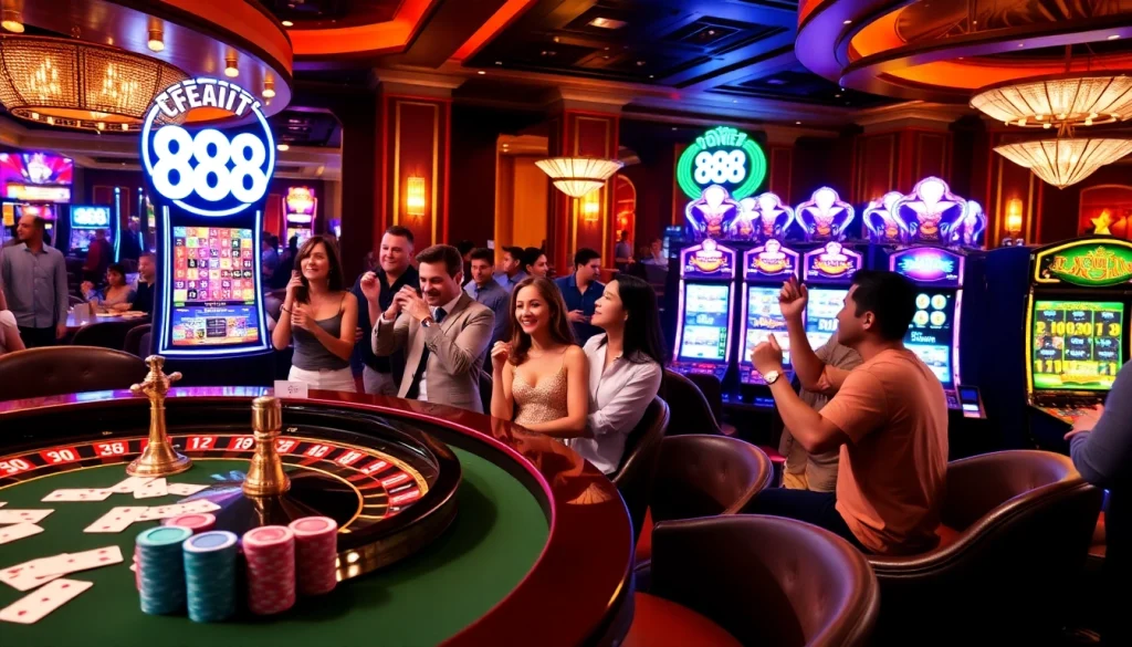 Excited players enjoying games at u 888 online casino, showcasing vibrant casino action.