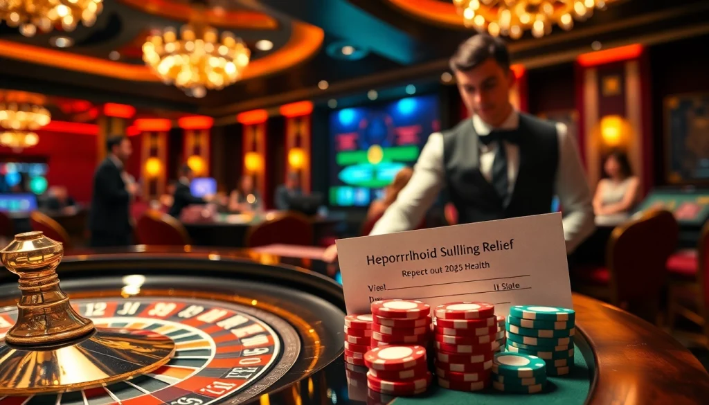 Gambler enjoying hemorrhoid swelling relief procedures amidst a lively casino environment.