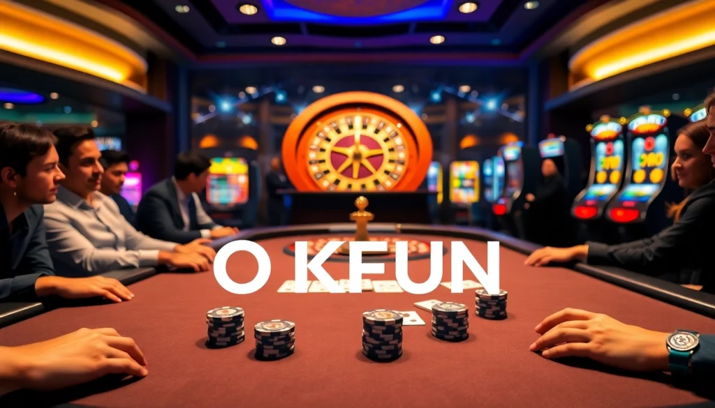 Engaging scene at the Nhà cái OKFUN casino, showcasing vibrant poker tables and thrilling roulette action.