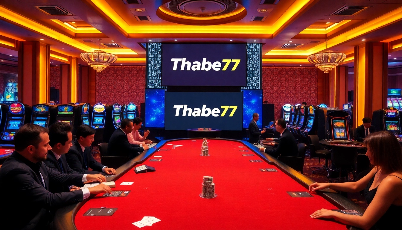 Excited players engaging at a Thabet77 casino table with professional dealers and vibrant gaming ambiance.