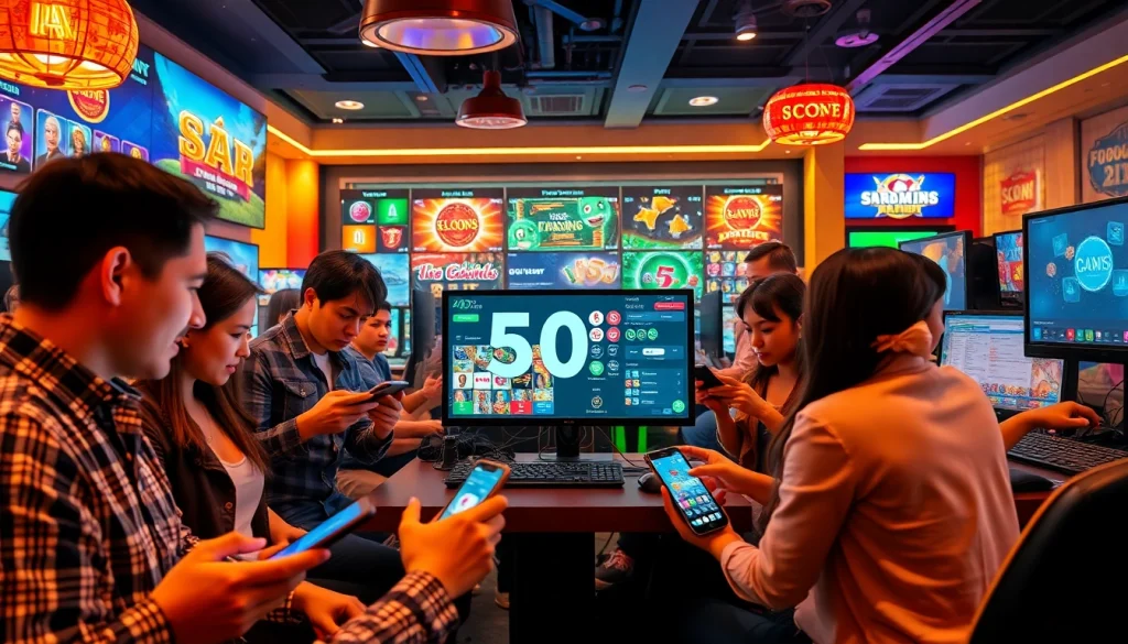 Cảnh chơi game trực tuyến đầy hứng khởi giới thiệu Saowin 50 Win với người dùng tận hưởng máy đánh bạc và cược thể thao.