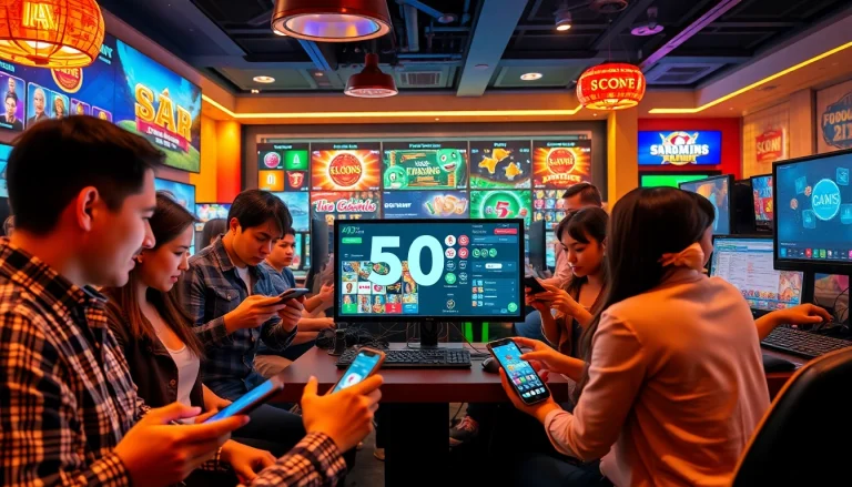 Cảnh chơi game trực tuyến đầy hứng khởi giới thiệu Saowin 50 Win với người dùng tận hưởng máy đánh bạc và cược thể thao.