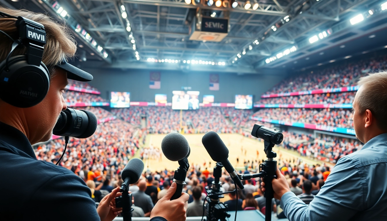 Dynamic scene of Sports Broadcasting capturing exciting sports events with teams and fans.