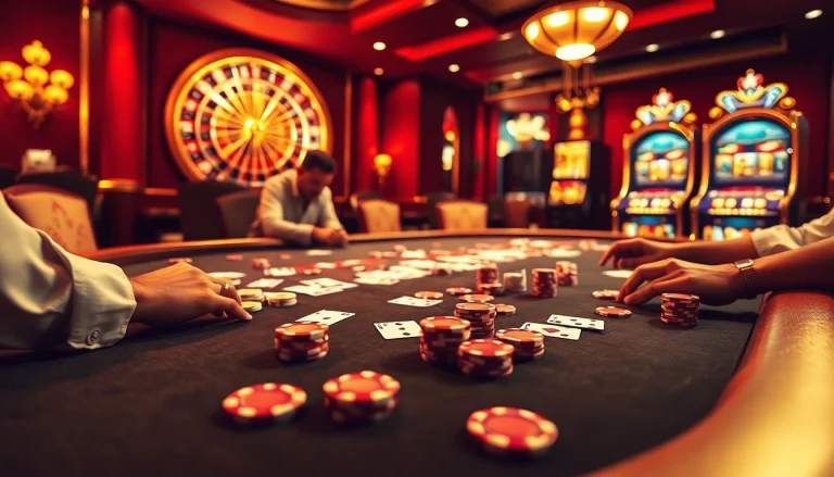 Experience the thrill of RR88 at a luxurious casino poker table with vibrant chips and cards.