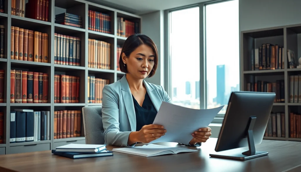 Immigration lawyer Sydney reviewing documents in a professional office setting.