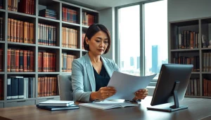 Immigration lawyer Sydney reviewing documents in a professional office setting.
