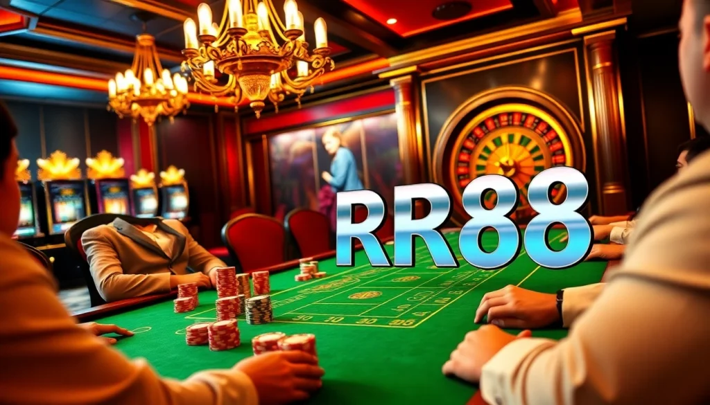 Experience the thrill of RR88 gaming with vibrant poker chips and an exciting roulette wheel.