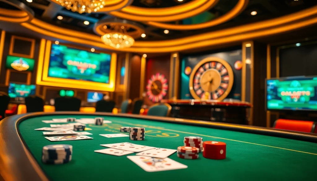 Cảnh hấp dẫn thể hiện các người chơi cá cược tại bàn casino trực tuyến cg79 với chip và bài lá.
