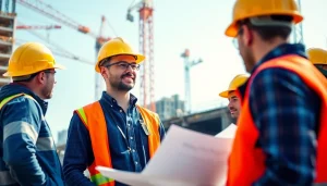 Manhattan Construction Manager engaging with a project team at a lively construction site.