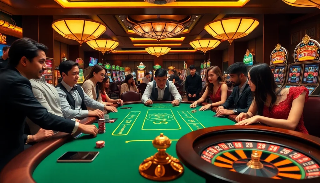 Players enjoying high-stakes action at a luxurious GO99 casino table with vibrant slots in the background.